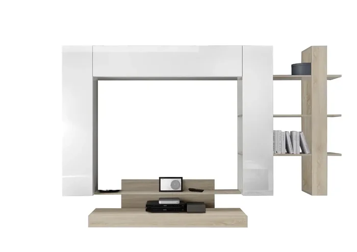 Aufbewahrungswand Wohnzimmermöbel 2 Hängeschränke 1 TV-Schrank 1 Melamin-Bücherregal 259 x 40 x 175 cm TFT Nico White Oak