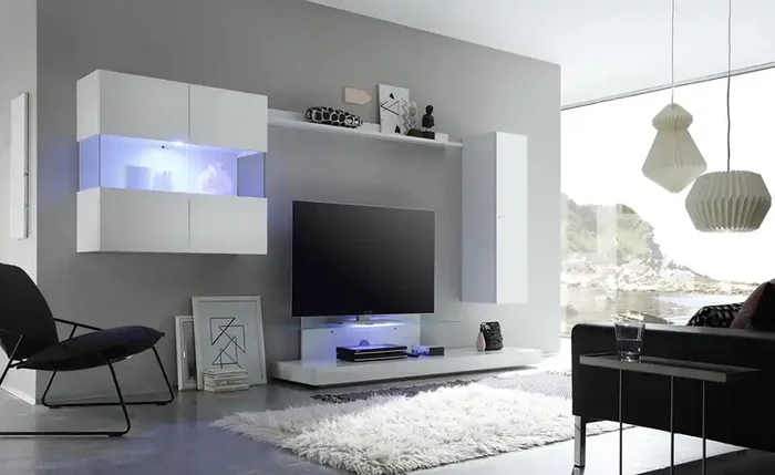 Ausgestattete Wand Wohnzimmermöbel 2 Hängemöbel 1 TV Schrank 1 Regal 320x50x175cm TFT Line Glossy White