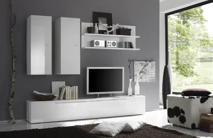 Ausgestattete Wand Wohnzimmermöbel 3 Einheiten und Doppelregal 210 x 36 x 170 cm TFT Primo glänzend weiß