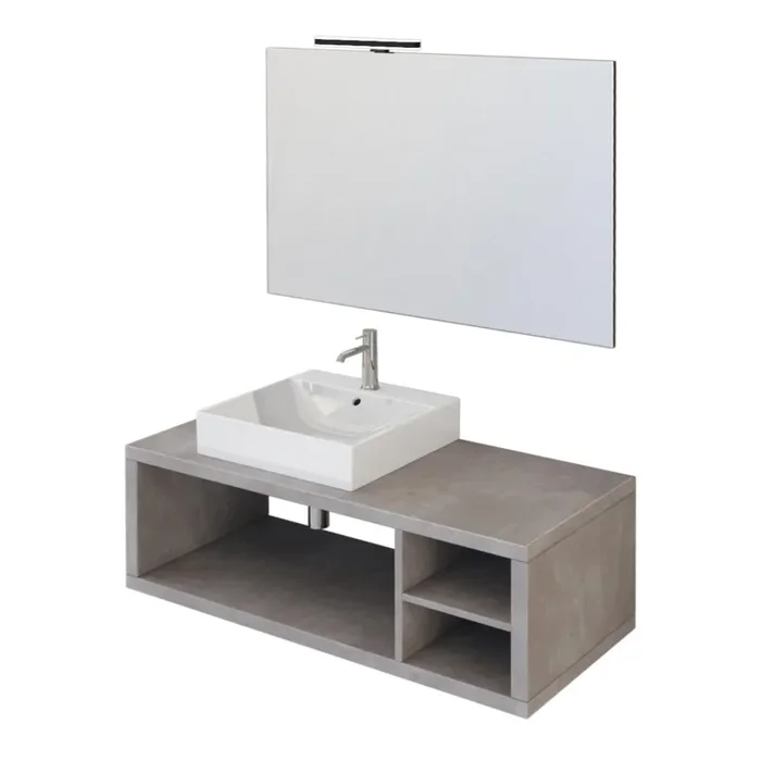 Badezimmer-Hängeschrank 110 cm Bonussi Orione Grey Betonoptik Waschbecken und Spiegel