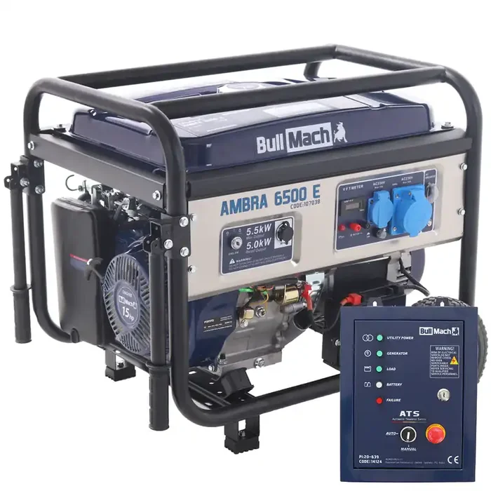 BullMach AMBRA 6500 E – Generatore di corrente a benzina carrellato con AVR 5.5 kW – Continua 5 kW Monofase + ATS