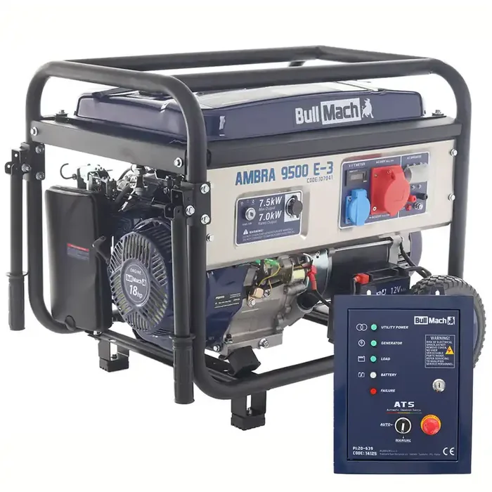 BullMach AMBRA 9500 E-3 – Generatore di corrente carrellato a benzina con AVR 7.5 kW – Continua 7 kW Trifase + ATS