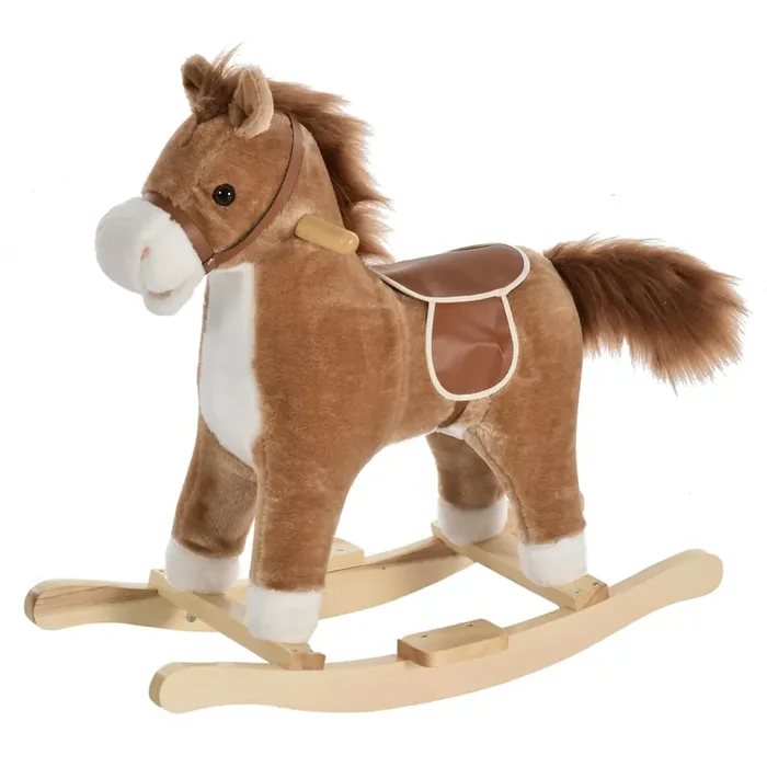 Cavallo a Dondolo in Peluche e Legno con Suoni Marrone