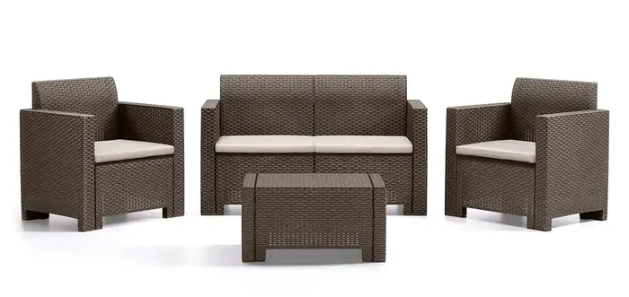 Gartengarnitur Sofa, 2 Sessel und Couchtisch aus vandibraunem Polypropylen