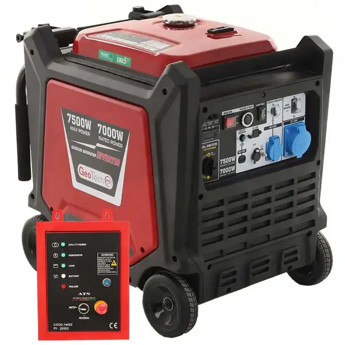 GeoTech-Pro PTGA 9000 – Generatore di corrente carrellato a benzina silenziato con AVR 7.5 kW – Continua 7 kW Monofase+ ATS