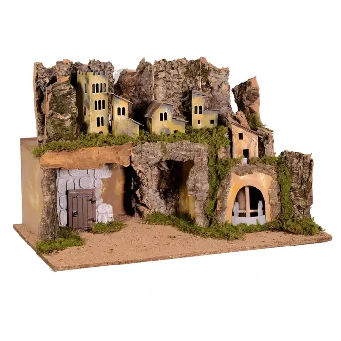 Krippe mit Häusern, Lichtern und elektrischer Mühle aus Holz 58x40x34cm Adami