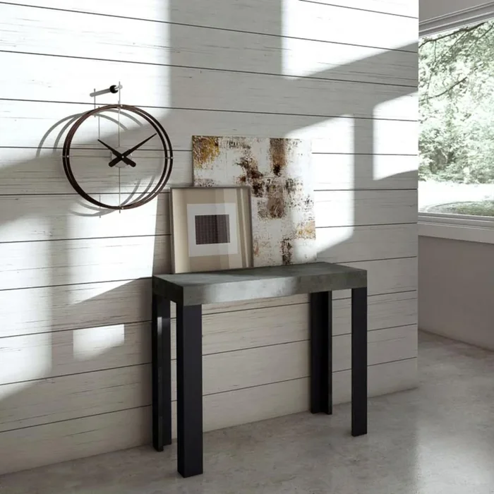 Linea Small – Consolle allungabile moderna gambe in metallo piano cemento cm 90×40/196x77h