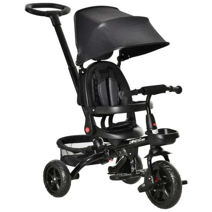 Passeggino Triciclo per Bambini Pieghevole con Seggiolino Reversibile Nero