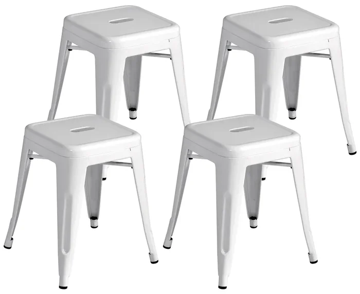 Satz mit 4 niedrigen stapelbaren Hockern 39 x 39 x 46 cm aus elfenbeinfarbenem, verzinktem Blech