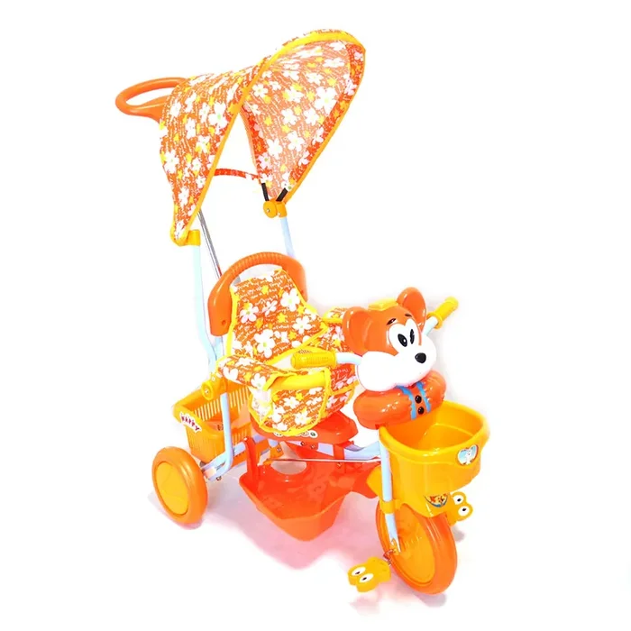 Schiebedreirad für Kinder mit orangefarbenen Bärenpedalen