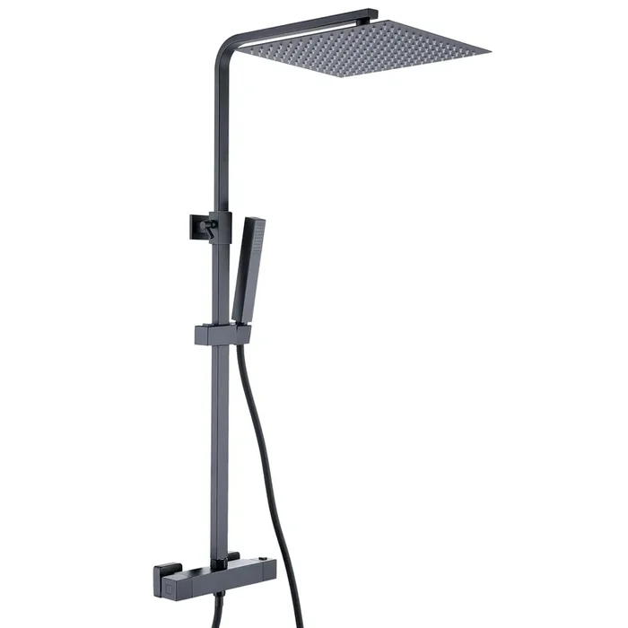 Schiebestange mit Thermostatmischer 30×30 cm Duschkopf und Bonussi Handbrause aus schwarzem Edelstahl