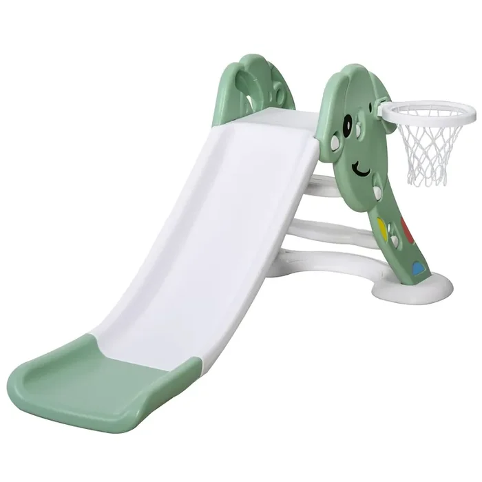Scivolo per Bambini 146x68x68 cm con Canestro e Pallone Basket Verde e Bianco