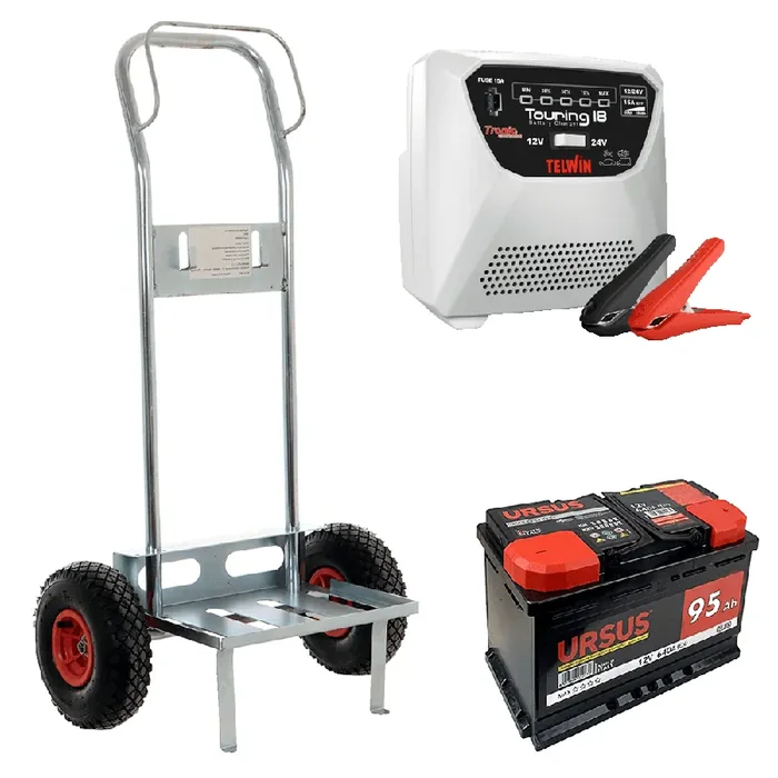 Set completo carrello porta batteria Geotech + batteria 95 ah + caricabatteria Telwin Touring 18