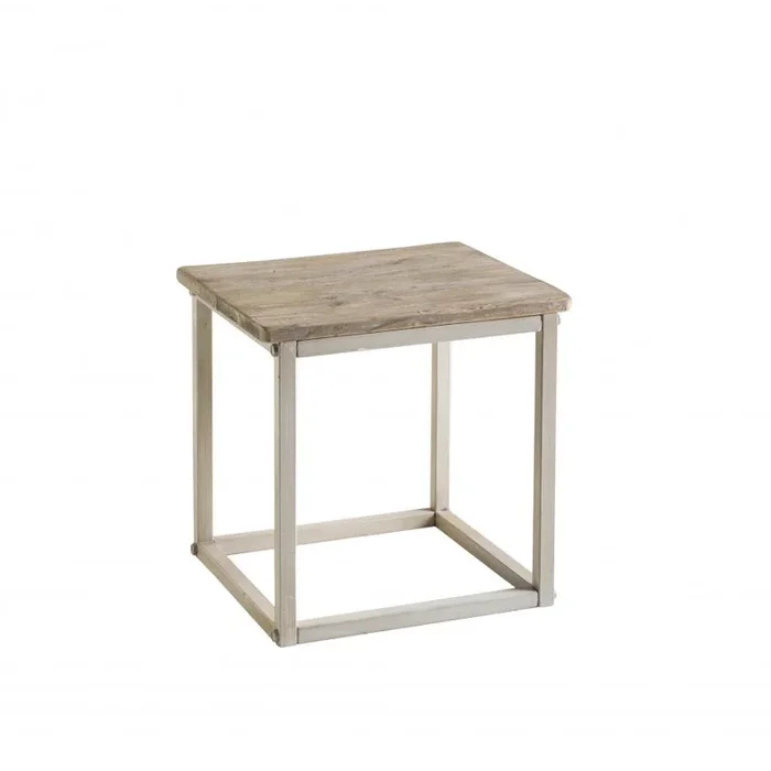Sgabello cubo in stile industrial base in ferro bianco e seduta in legno cm 42x47x47h